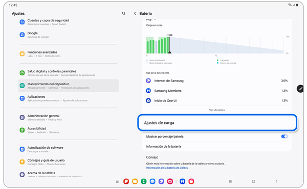 Pantalla de ajustes de la batería