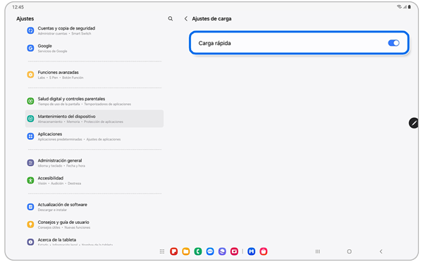 Pantalla de ajustes de carga