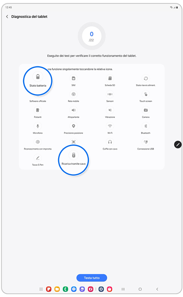 Schermata di diagnostica del tablet