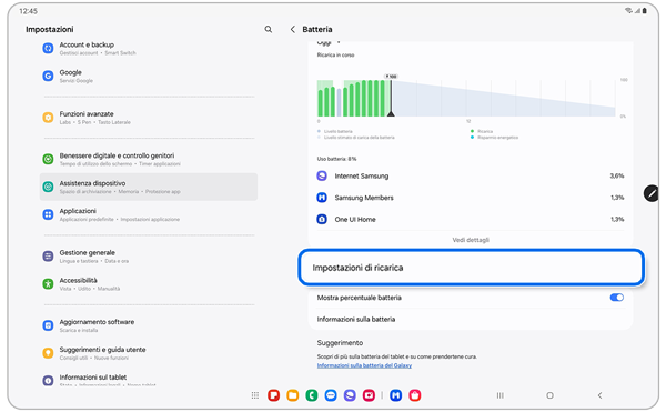 Schermata delle impostazione di Batteria