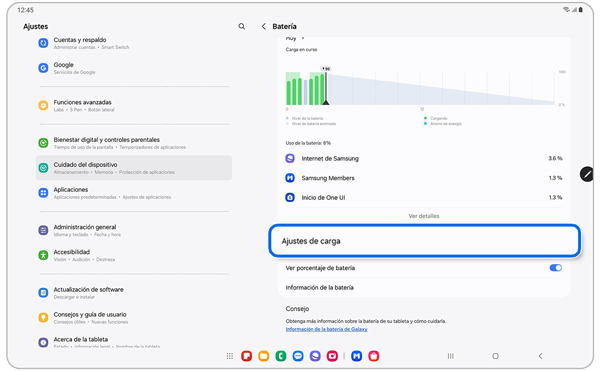Pantalla de ajustes de la batería