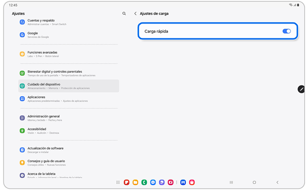 Pantalla de configuración de carga