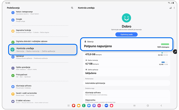 Ekran za podešavanje Kontrola uređaja