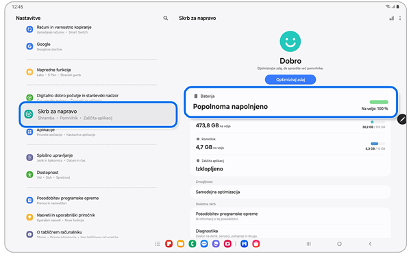 Zaslon za nastavitve skrbi za napravo
