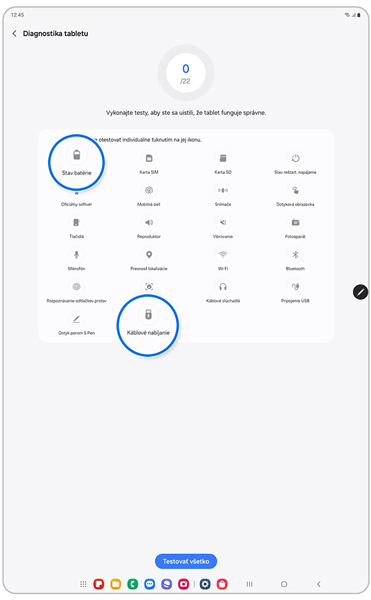 Obrazovka diagnostiky tabletu
