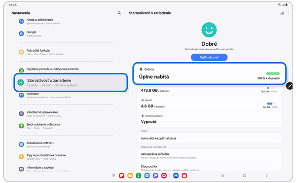 Obrazovka nastavení funkcie Starostlivosť o zariadenie