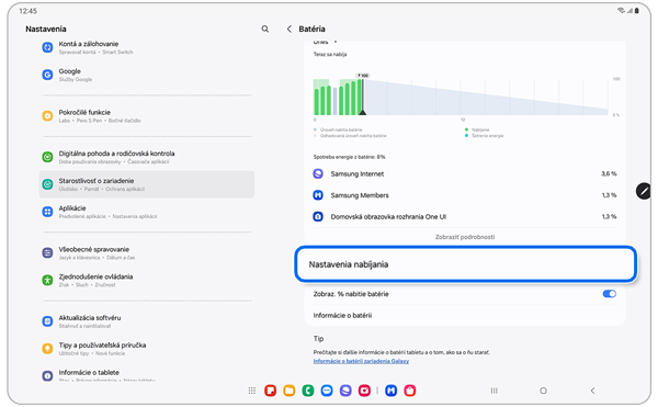 Obrazovka funkcie Nastavenia nabíjania