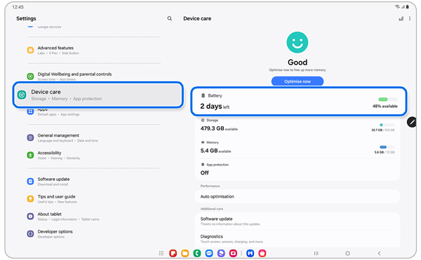 Device care home screen