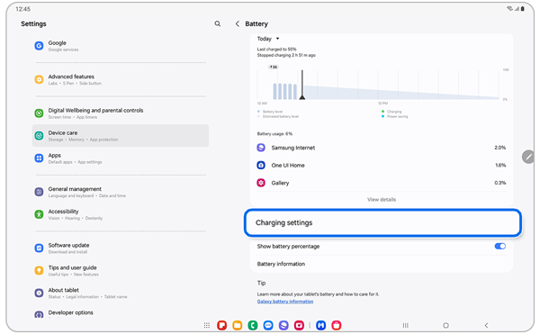 Battery setting screen