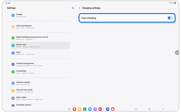 Charging settings screen