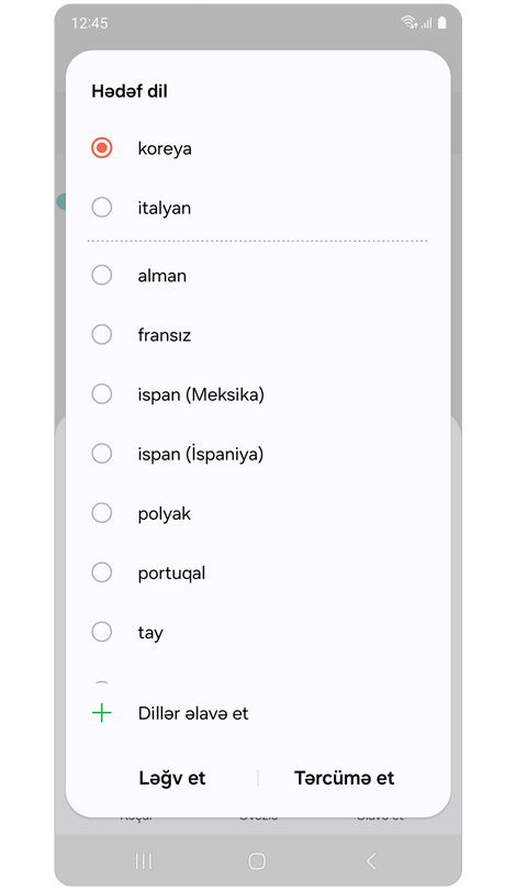 Dil seçimləri ilə açılan pəncərə