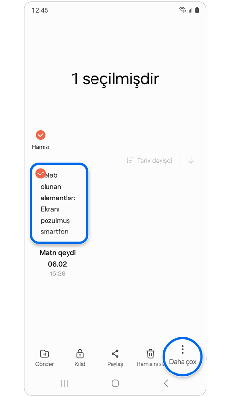 Samsung Notes proqramında qeydin seçilməsi.