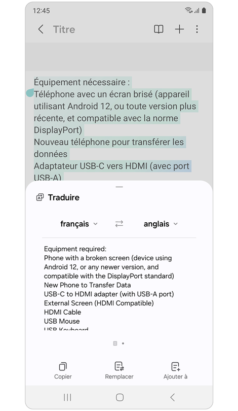 Une fenêtre contextuelle affiche la note traduite en coréen