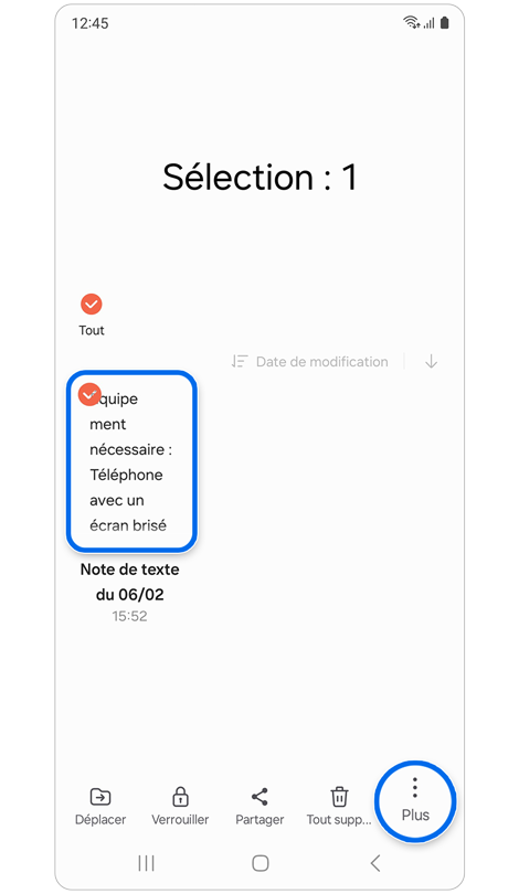 Une note est sélectionnée dans l'application Samsung Notes