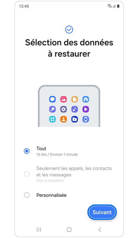 Écran de sélection des données à restaurer de l’application Smart Switch