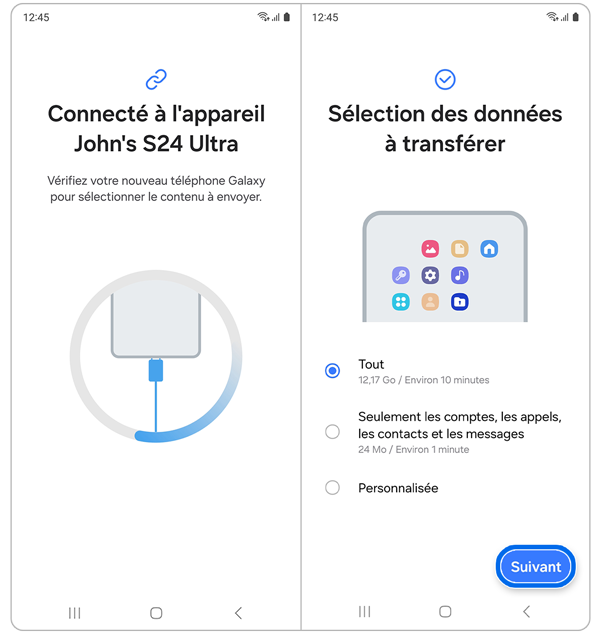 Écran de sélection des données à transférer de l’application Smart Switch