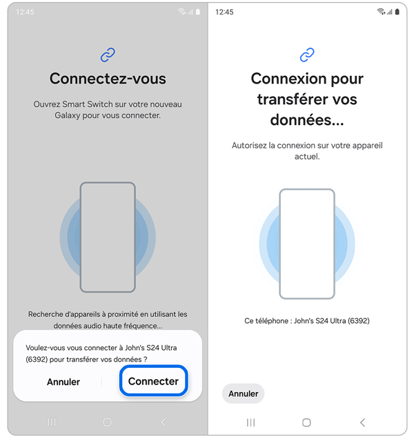 Écran de connexion des appareils mobiles avec Smart Switch