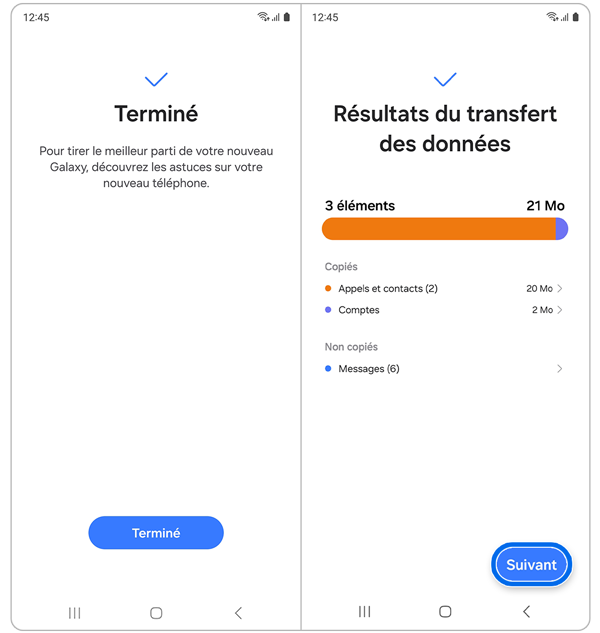 Écran de confirmation du transfert de données de l’application Smart Switch