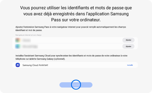 Vue de l'écran d'installation de l'extension Samsung Pass.