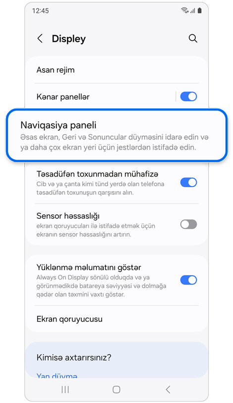 Displey parametrlər ekranı.