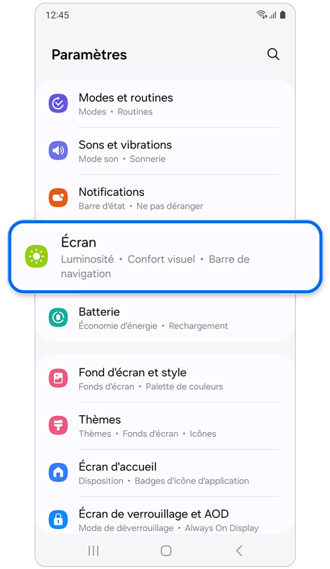 Écran du menu des paramètres de votre Galaxy S24