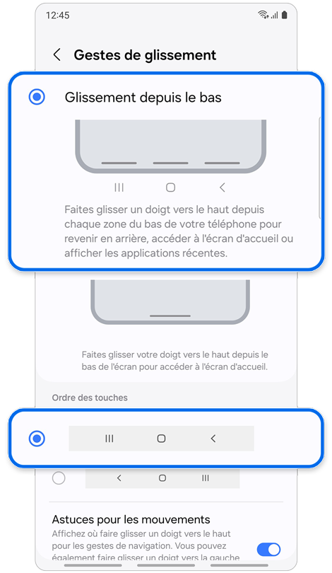 Écran des gestes de glissement