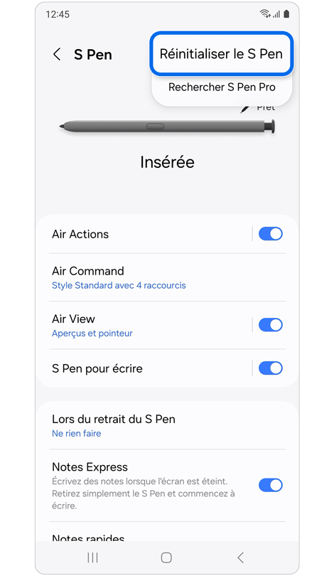 Écran des paramètres du S Pen pour réinitialiser le S Pen Galaxy