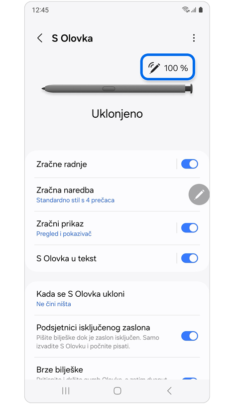 Zaslon postavki S Pen s razinom baterije