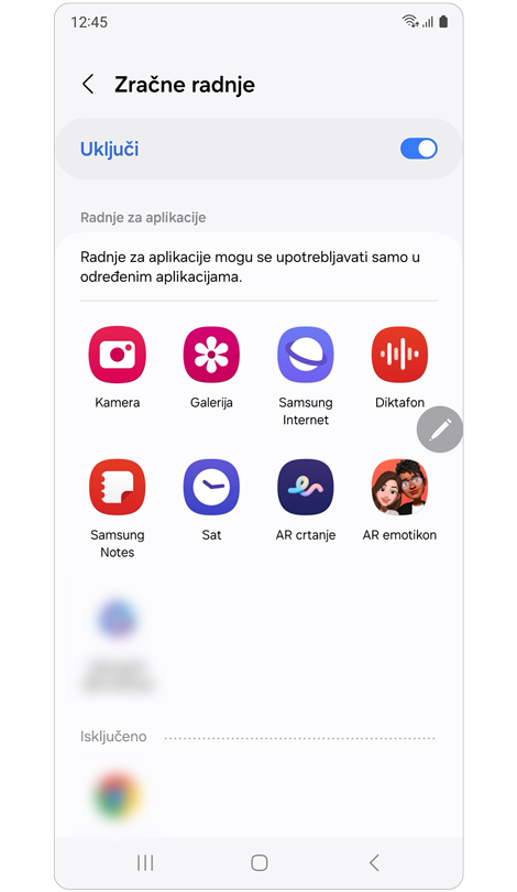 Zaslon postavki Zračne radnje