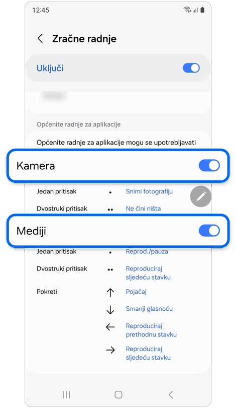 Zaslon postavki zračnih akcija