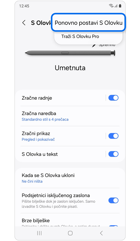Zaslon postavki S Pen za resetiranje Galaxy S Pen