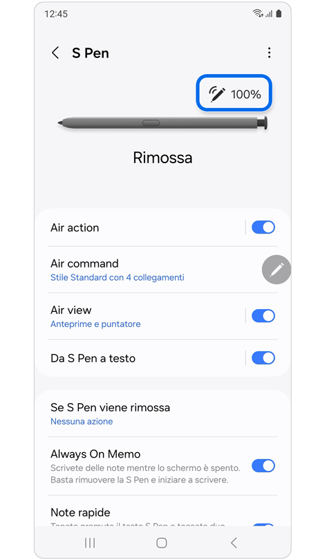 Schermata delle impostazioni della S Pen con il livello della batteria
