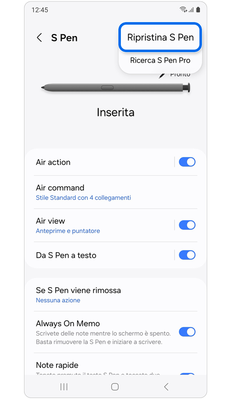 Schermata delle impostazioni della S Pen per il ripristino della Galaxy S Pen