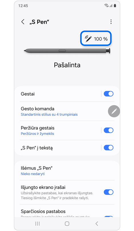 „S Pen“ nustatymų ekranas su akumuliatoriaus įkrovos lygiu