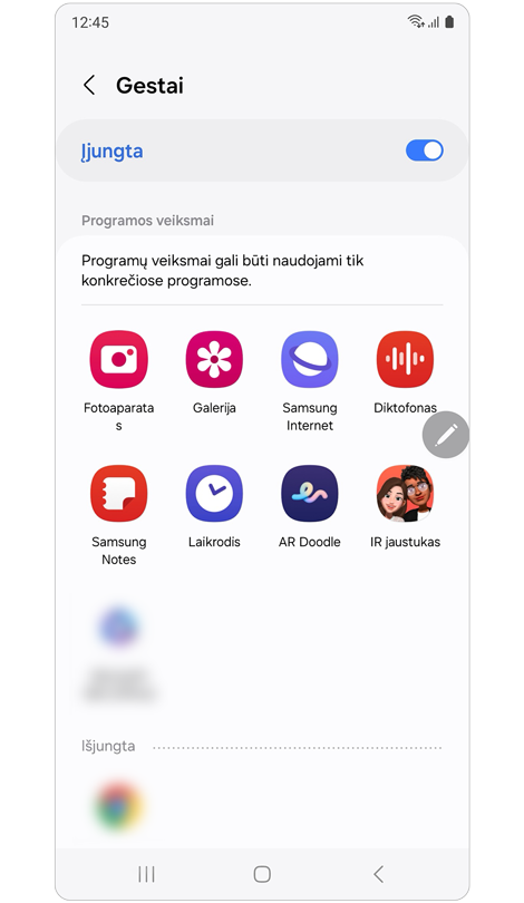 Gestų nustatymų ekranas
