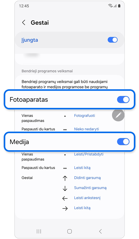 Oro veiksmų nustatymų ekranas
