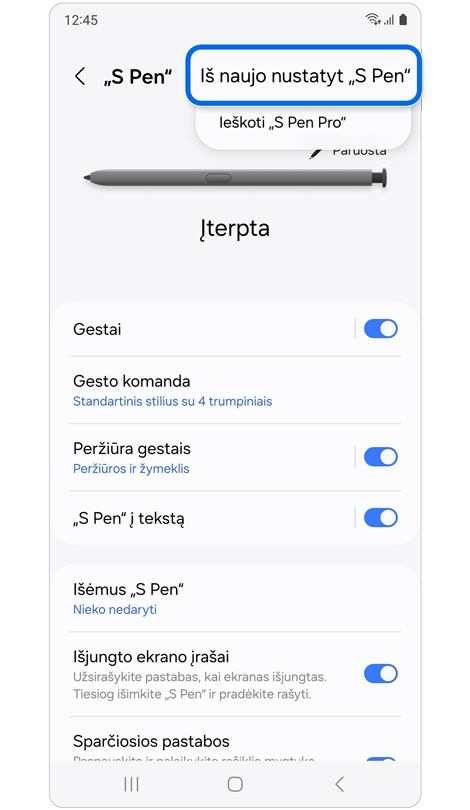 „S Pen“ nustatymų ekranas, kuriame galima iš naujo nustatyti „Galaxy S Pen“