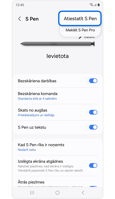 S Pen iestatījumu ekrāns Galaxy S Pen atiestatīšanai