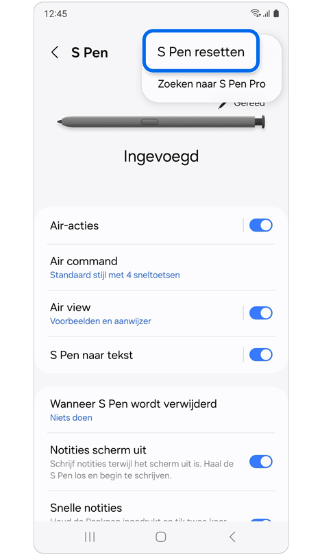 Instellingenscherm voor het resetten van de Galaxy S Pen