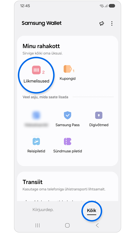 Samsung Walleti vahekaart „Kõik“.