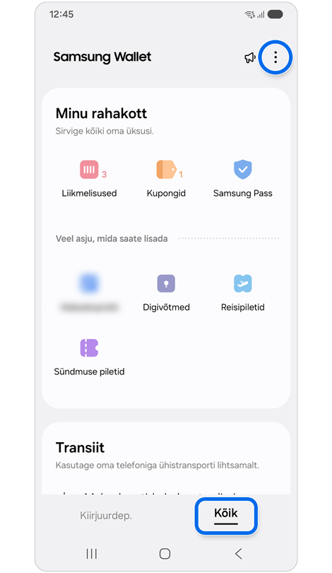 Samsung Walleti vahekaart „Kõik“.