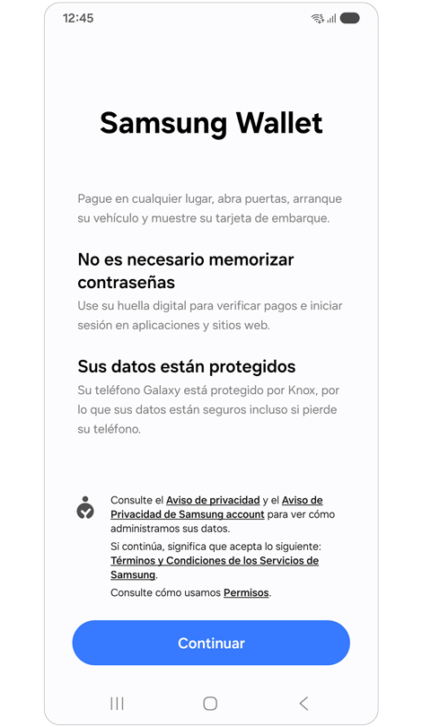 Pantalla de inicio de Samsung Wallet.