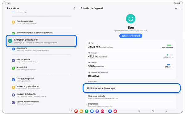 Écran du menu des paramètres d’un Samsung Galaxy.
