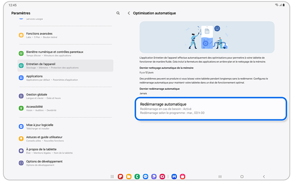Écran du menu d’optimisation automatique d’un Samsung Galaxy.