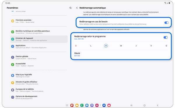 Écran du menu de redémarrage automatique d’un Samsung Galaxy.