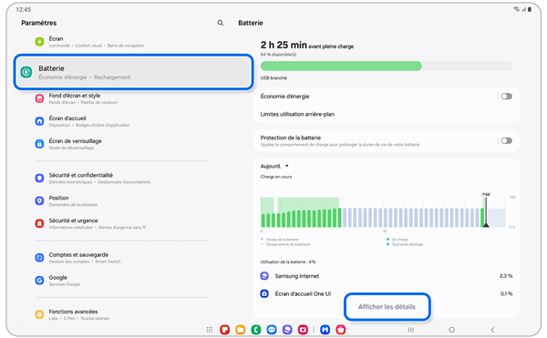 Écran du menu Batterie d’un Samsung Galaxy.