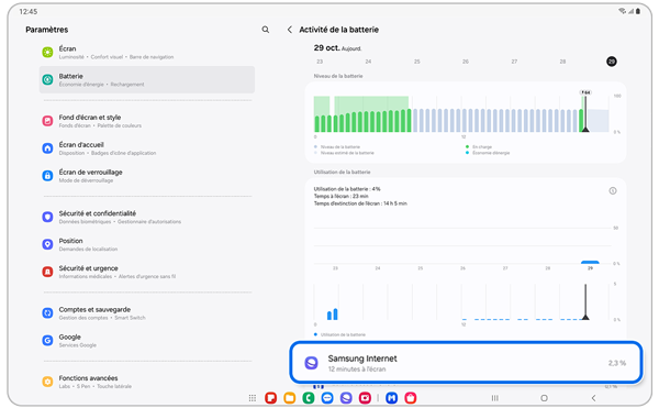 Liste des applications et activité de la batterie sur un Samsung Galaxy.