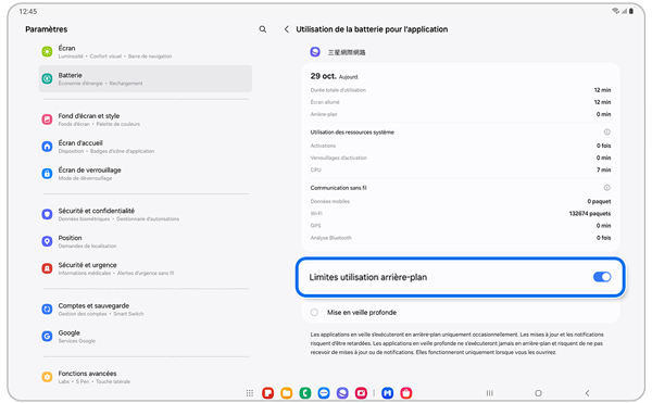 Écran d’utilisation de la pile pour une application sur un Samsung Galaxy.