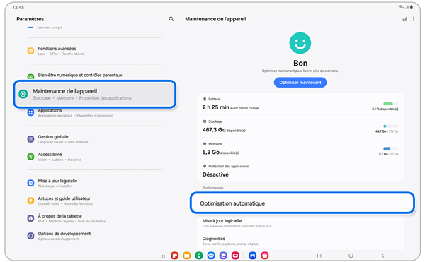 Écran du menu de maintenance de l’appareil d’un Samsung Galaxy.