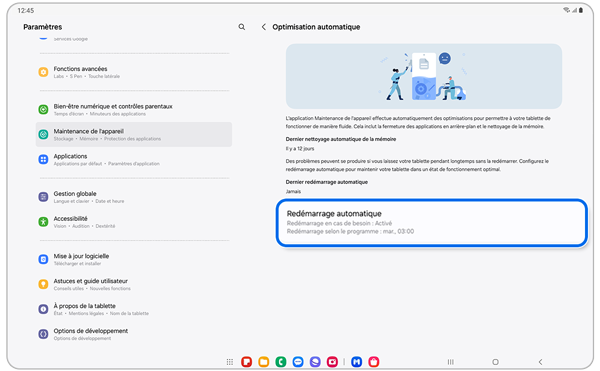 Écran du menu d’optimisation automatique d’un Samsung Galaxy.